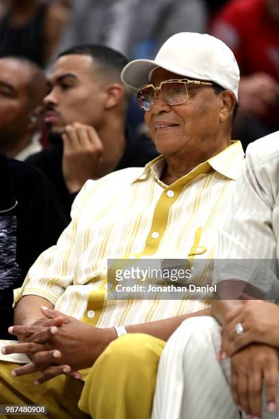 American religious leader Louis Farrakhan watches the game between the Tri State and the Ball Hogs during week two of the BIG3 three on three...
