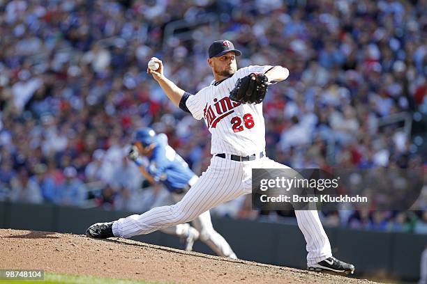 Jesse Crain of the Minnesota Twins pitches to the Kansas City Royals on April 18, 2010 at Target Field in Minneapolis, Minnesota. The Royals won 10-5.