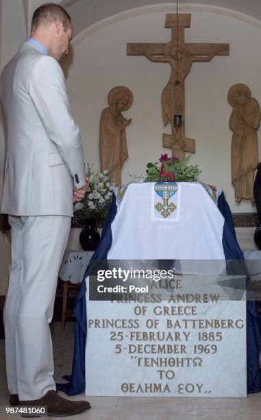 Prince William, Duke of Cambridge during a visit to the Church of St Mary Magdalene to pay his respects at the tomb of his great-grandmother Princess...