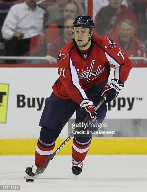 Joe Corvo of the Washington Capitals skates against the Montreal Canadiens in Game Seven of the Eastern Conference Quarterfinals during the 2010 NHL...