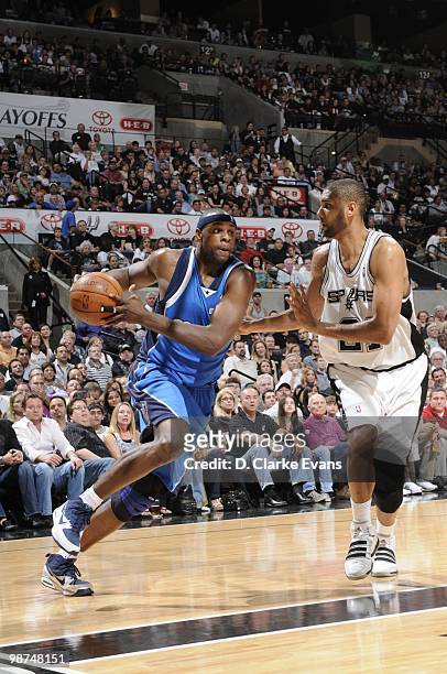 Brendan Haywood of the Dallas Mavericks dribble drives baseline against Tim Duncan of the San Antonio Spurs in Game Three of the Western Conference...