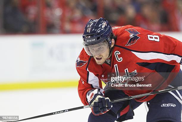 Alex Ovechkin of the Washington Capitals skates against the Montreal Canadiens in Game Seven of the Eastern Conference Quarterfinals during the 2010...