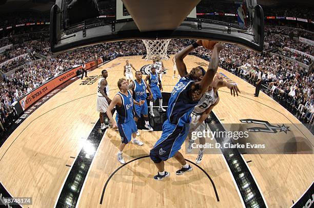 Brendan Haywood of the Dallas Mavericks goes up for the slam dunk against the San Antonio Spurs in Game Three of the Western Conference Quarterfinals...