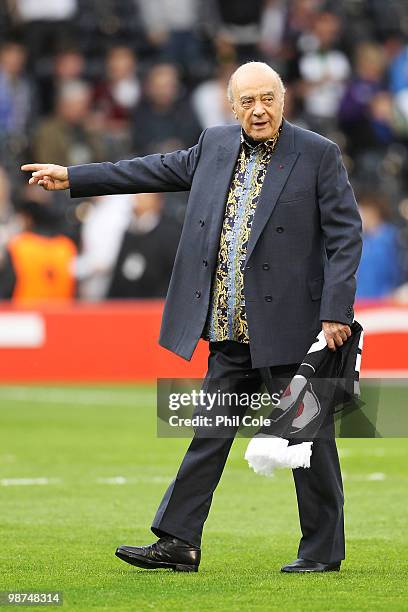 Mohamed Al Fayed arrives at the UEFA Europa League Semi-Final 2nd leg match between Fulham and Hamburger SV at Craven Cottage on April 29, 2010 in...