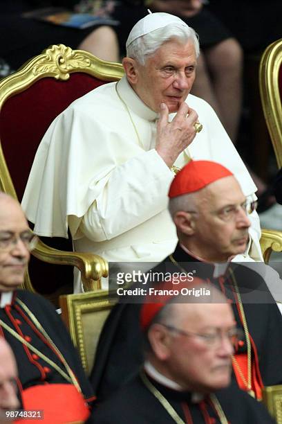 Pope Benedict XVI attends a concert at the Paul VI hall, for the fifth anniversary of his pontificate on April 29, 2010 in Vatican City, Vatican. The...