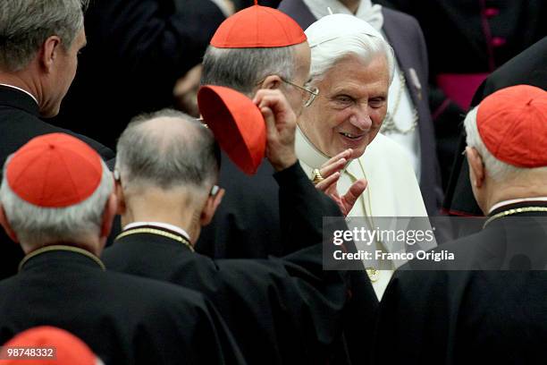 Pope Benedict XVIgreets cardinals at the end of a concert at the Paul VI hall held for the fifth anniversary of his pontificate on April 29, 2010 in...