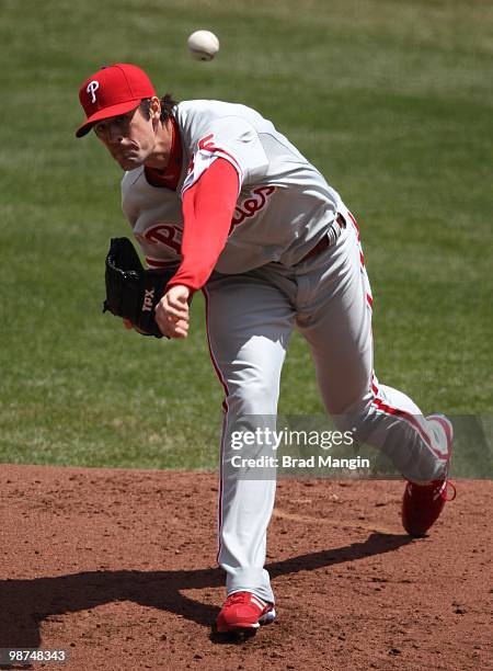 Cole Hamels of the Philadelphia Phillies pitches against the San Francisco Giants during the game at AT&T Park on April 28, 2010 in San Francisco,...