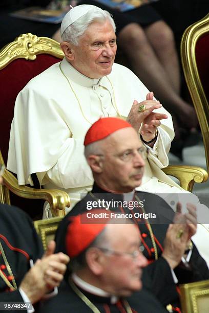 Pope Benedict XVI attends a concert at the Paul VI hall, for the fifth anniversary of his pontificate on April 29, 2010 in Vatican City, Vatican. The...