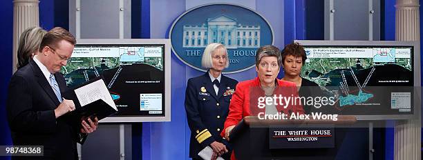 Homeland Security Secretary Janet Napolitano speaks as White House Press Secretary Robert Gibbs , Rear Admiral Sally Brice O'Hare of United States...