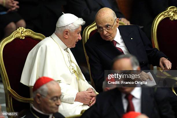 Pope Benedict XVI chats with Italian president Giorgio Napolitano during a concert for the fifth anniversary of his pontificate, held at the Paul VI...
