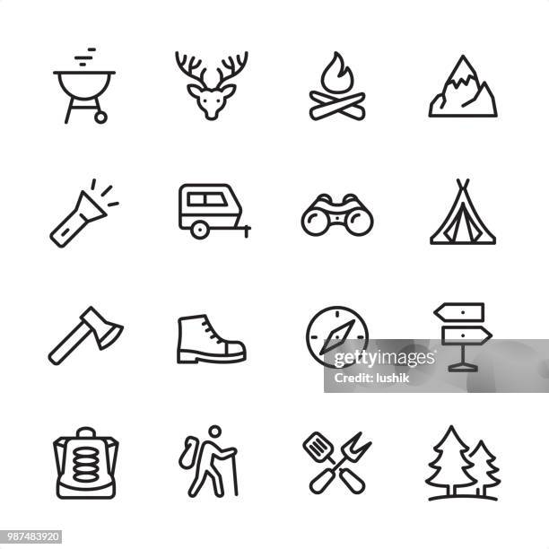ilustraciones, imágenes clip art, dibujos animados e iconos de stock de turismo y camping - conjunto de iconos de contorno - hacha
