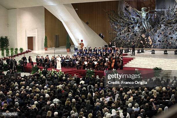 Pope Benedict XVI attends a concert at the Paul VI hall, for the fifth anniversary of his pontificate on April 29, 2010 in Vatican City, Vatican. The...