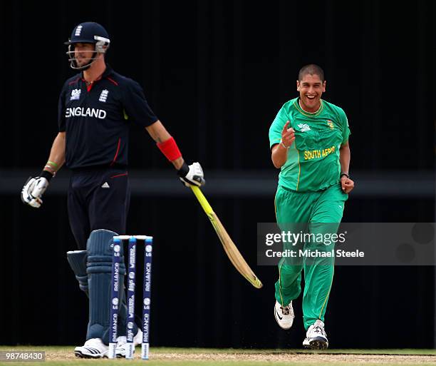 Kevin Pietersen of England is dismissed first ball caught by Mark Boucher off the bowling of Rory Kleinveldt during the ICC T20 World Cup warm up...