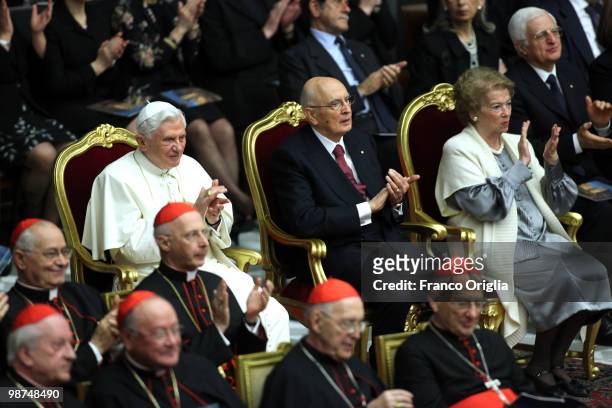 Pope Benedict XVI flanked by Italian president Giorgio Napolitano and his wife Clio, attend a concert for the fifth anniversary of his pontificate,...
