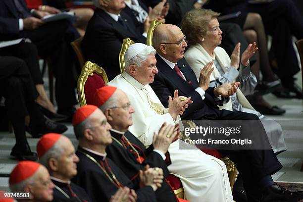 Pope Benedict XVI flanked by Italian president Giorgio Napolitano and his wife Clio, attend a concert for the fifth anniversary of his pontificate,...