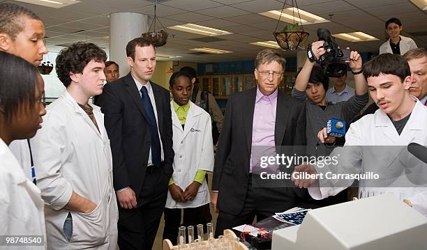 Bill Gates tours and interacts with students in the engineering lab at Science Leadership Academy prior to the 2010 Franklin Institute Awards held at...