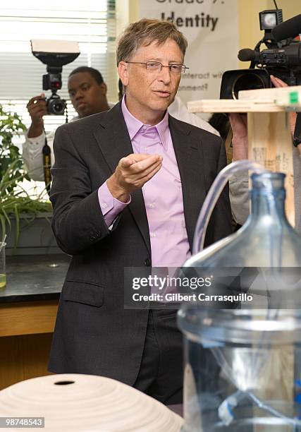 Bill Gates tours and interacts with students in the engineering lab at Science Leadership Academy prior to the 2010 Franklin Institute Awards held at...