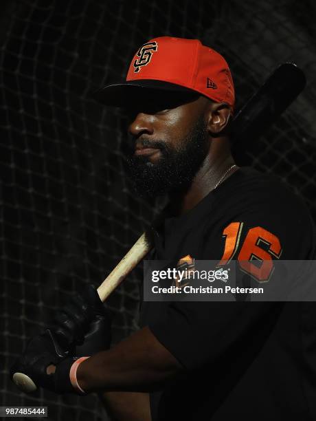 Austin Jackson of the San Francisco Giants takes batting practice before MLB game against the Arizona Diamondbacks at Chase Field on June 29, 2018 in...