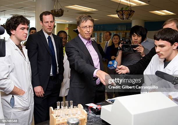 Bill Gates tours and interacts with students in the engineering lab at Science Leadership Academy prior to the 2010 Franklin Institute Awards held at...