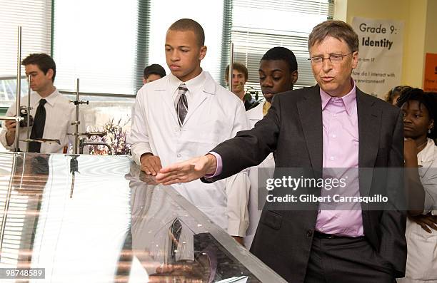 Bill Gates tours and interacts with students in the engineering lab at Science Leadership Academy prior to the 2010 Franklin Institute Awards held at...