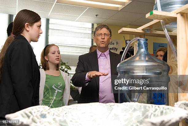 Bill Gates tours and interacts with students in the engineering lab at Science Leadership Academy prior to the 2010 Franklin Institute Awards held at...