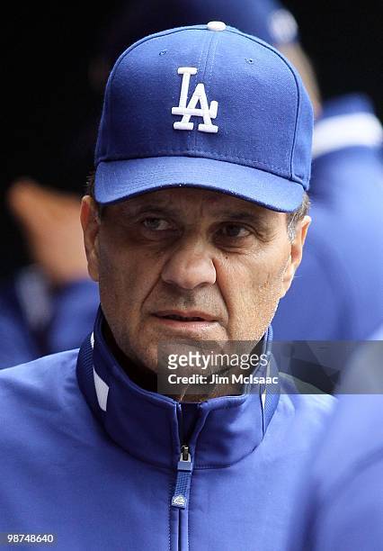 Manager Joe Torre of the Los Angeles Dodgers looks on before their game against the New York Mets on April 28, 2010 at Citi Field in the Flushing...