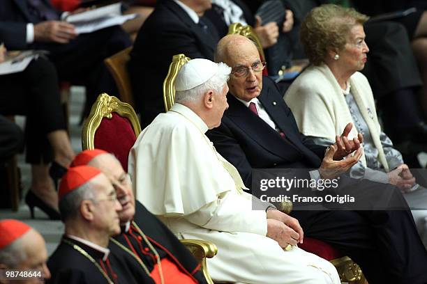 Pope Benedict XVI chats with Italian president Giorgio Napolitano during a concert for the fifth anniversary of his pontificate, held at the Paul VI...