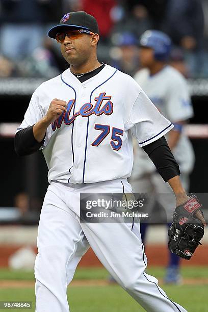 Francisco Rodriguez of the New York Mets celebrates the final out against the Los Angeles Dodgers on April 28, 2010 at Citi Field in the Flushing...