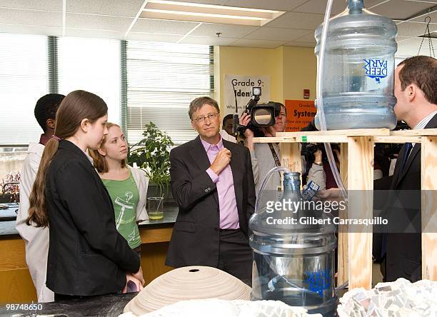 Bill Gates tours and interacts with students in the engineering lab at Science Leadership Academy prior to the 2010 Franklin Institute Awards held at...