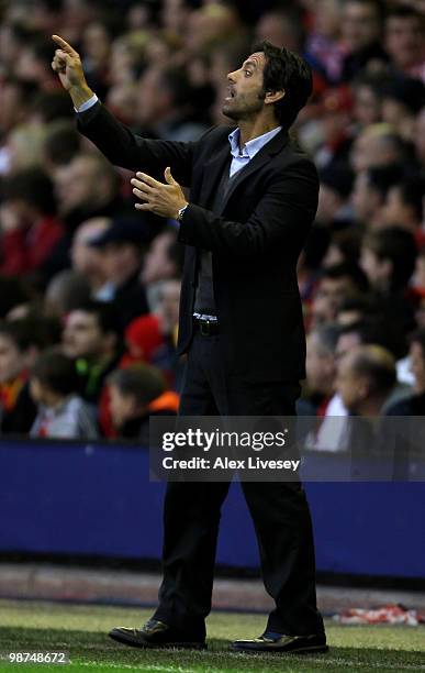 Atletico Madrid Manager Enrique Sanchez Flores issues instructions during the UEFA Europa League Semi-Final Second Leg match between Liverpool and...