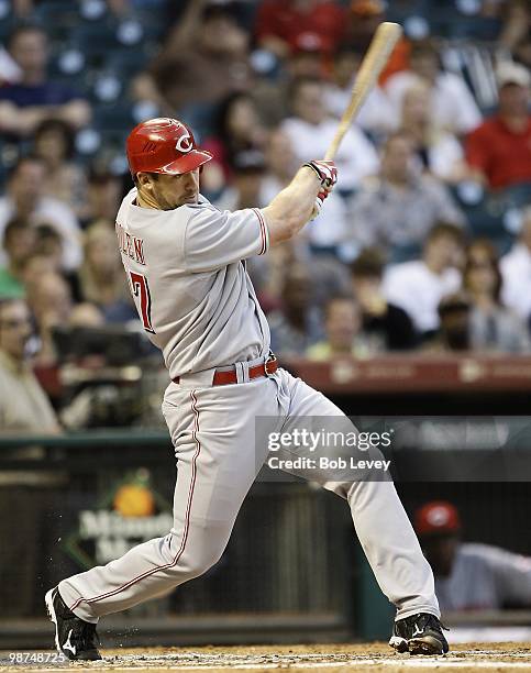 Third baseman Scott Rolen of the Cincinnati Reds bats during a baseball game with the Houston Astros at Minute Maid Park on April 28, 2010 in...