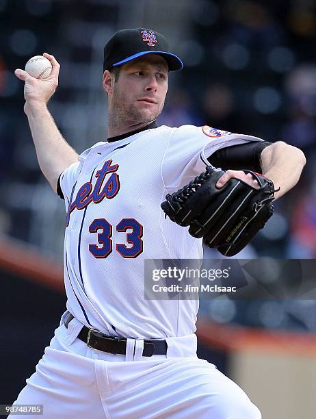 John Maine of the New York Mets pitches against the Los Angeles Dodgers on April 28, 2010 at Citi Field in the Flushing neighborhood of the Queens...