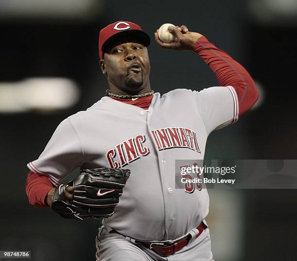 Pitcher Arthur Rhodes of the Cincinnati Reds throws against the Houston Astros at Minute Maid Park on April 28, 2010 in Houston, Texas.