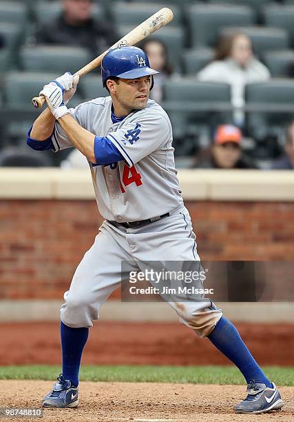 Jamey Carroll of the Los Angeles Dodgers bats against the New York Mets on April 28, 2010 at Citi Field in the Flushing neighborhood of the Queens...