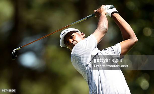 Vijay Singh of Fiji watches his tee shot on the 6th hole during the first round of the Quail Hollow Championship at Quail Hollow Country Club on...