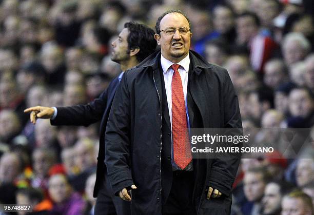 Liverpool 's Spanish manager Rafael Benitez reacts during their UEFA Europa League semifinal second leg football match against Atletico Madrid on...