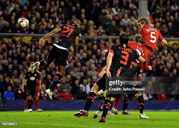 Daniel Agger of Liverpool scores an offside goal during the UEFA Europa League Semi-Final Second Leg match between Liverpool FC and Atletico Madrid...