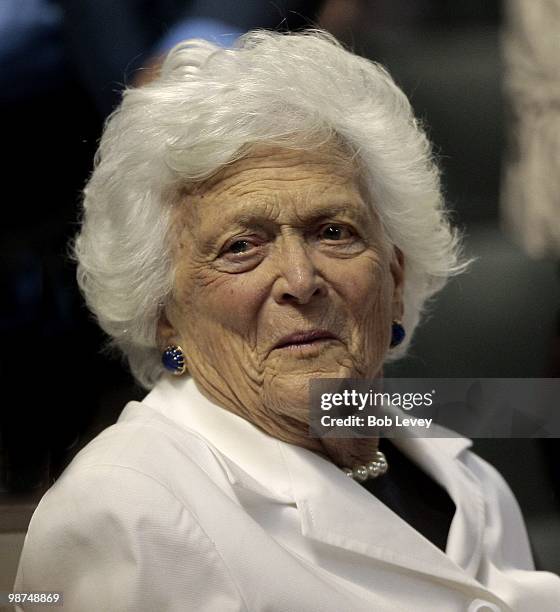 Former first lady Barbara Bush takes in a baseball game between the Cincinnati Reds and the Houston Astros at Minute Maid Park on April 28, 2010 in...