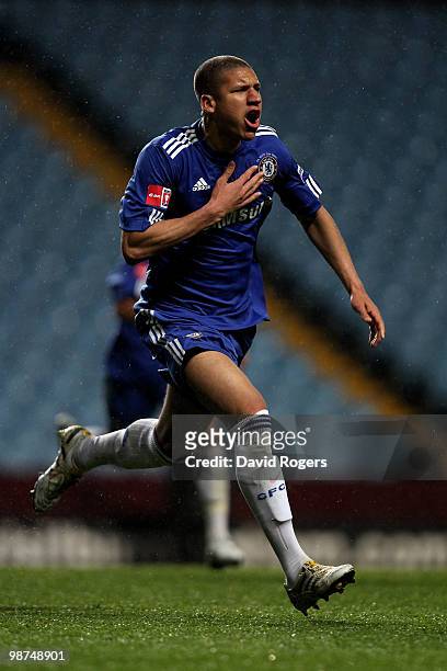 Jeffrey Bruma of Chelsea celebrates after scoring a goal during the FA Youth Cup Final 1st leg between Aston Villa and Chelsea at Villa Park on April...
