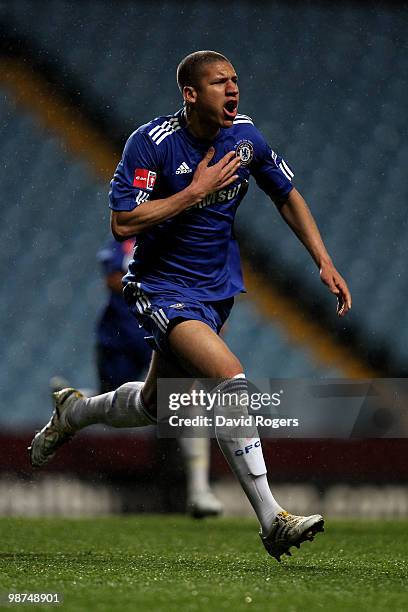 Jeffrey Bruma of Chelsea celebrates after scoring a goal during the FA Youth Cup Final 1st leg between Aston Villa and Chelsea at Villa Park on April...