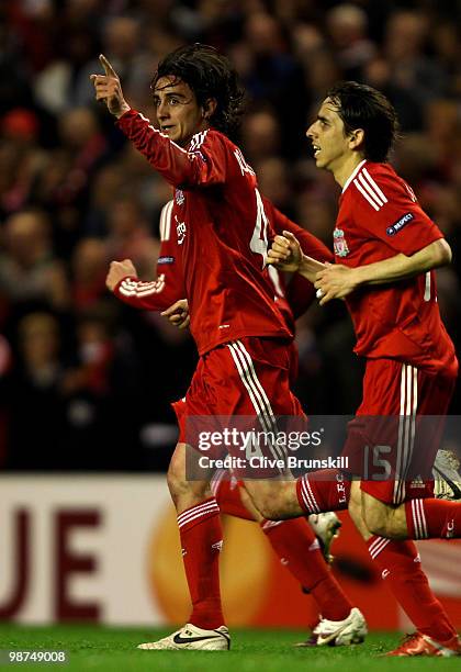 Alberto Aquilani of Liverpool celebrates scoring the opening goal during the UEFA Europa League Semi-Final Second Leg match between Liverpool and...