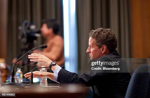 Timothy Geithner, U.S. Treasury secretary, speaks at a Financial Services and General Government Subcommittee hearing in Washington, D.C., U.S., on...