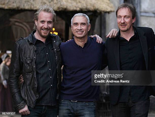 Actor Rhys Ifans, director Roland Emmerich and actor David Thewlis attend a photocall to promote the new movie 'Anonymous' at Studio Babelsberg on...