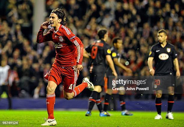 Alberto Aquilani of Liverpool celebrates after scoring the opening goal during the UEFA Europa League Semi-Finals Second Leg match between Liverpool...