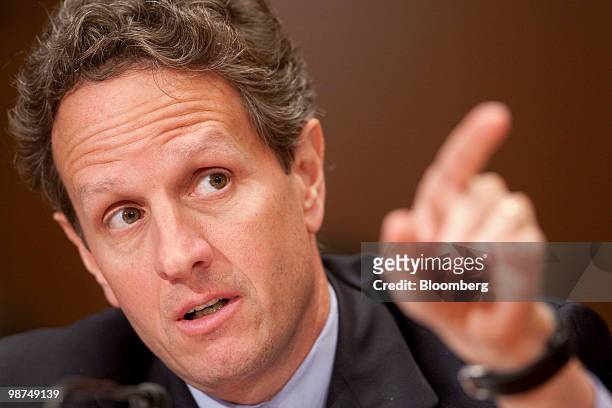 Timothy Geithner, U.S. Treasury secretary, speaks at a Financial Services and General Government Subcommittee hearing in Washington, D.C., U.S., on...