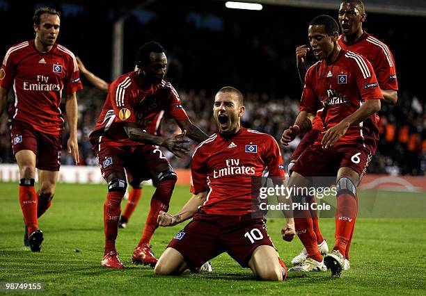 Mladen Petric of Hamburg celebrates after he scores a free kick during the UEFA Europa League Semi-Final 2nd leg match between Fulham and Hamburger...