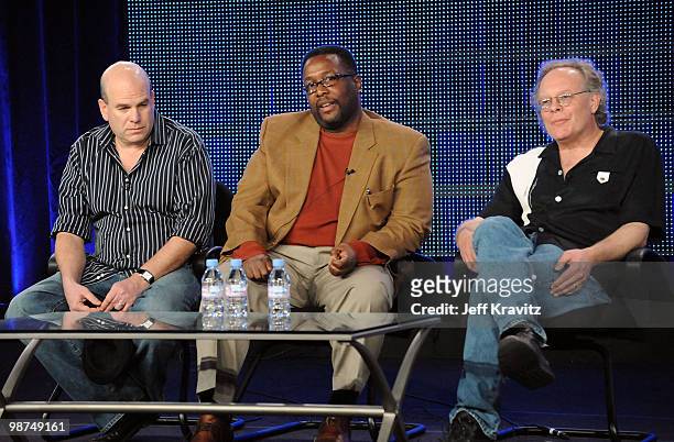 Executive producer David Simon, actor Wendell Pierce, and executive producer Eric Overmyer of "Treme" speak during the HBO portion of the 2010...