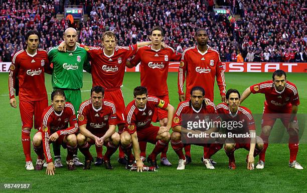 The Liverpool players line up for a team photo prior to the UEFA Europa League Semi-Final Second Leg match between Liverpool and Atletico Madrid at...