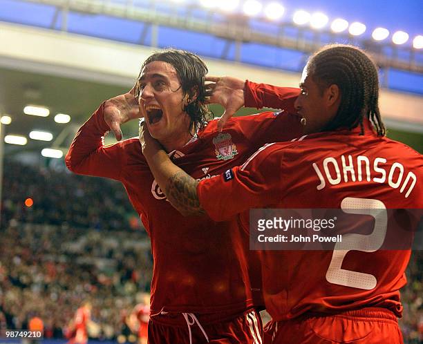 Alberto Aquilani of Liverpool celebrates after scoring the opening goal with Glen Johnson during the UEFA Europa League Semi-Finals Second Leg match...