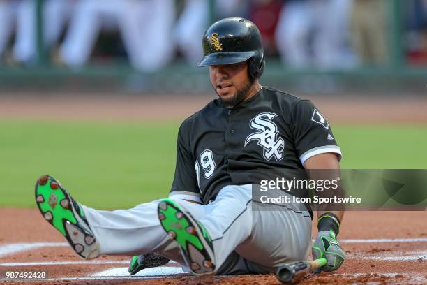 Chicago White Sox First base Jose Abreu fouls a ball off his foot during the game between the Chicago White Sox and Texas Rangers on June 29, 2018 at...